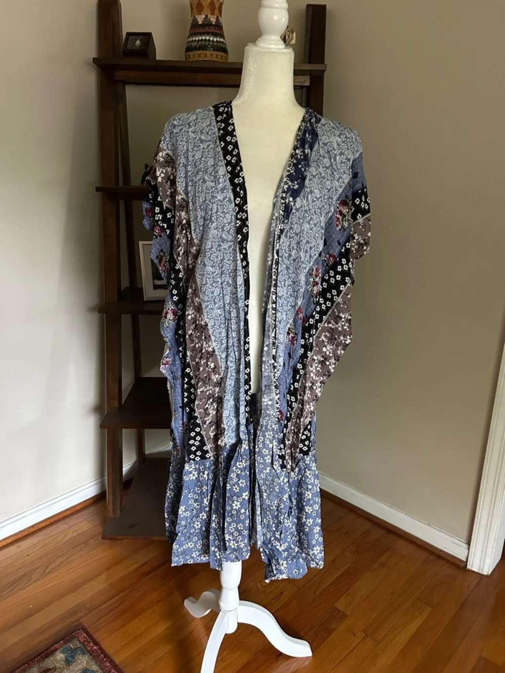 Easel Blue Multi-Pattern Open Front Kimono - Picture 1 of 4